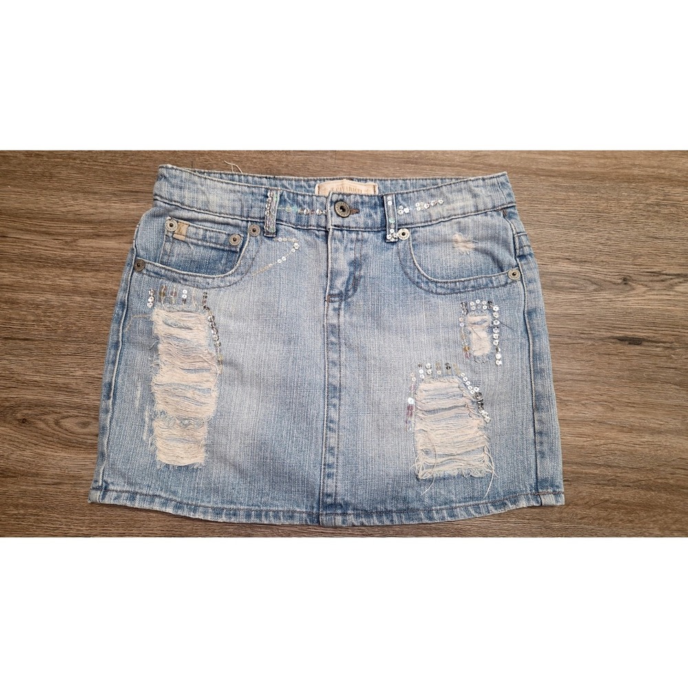 Vtg Z. Cavaricci size 0 Mini Denim Jean Ripped Y2K Skirt Sequin Low Rise